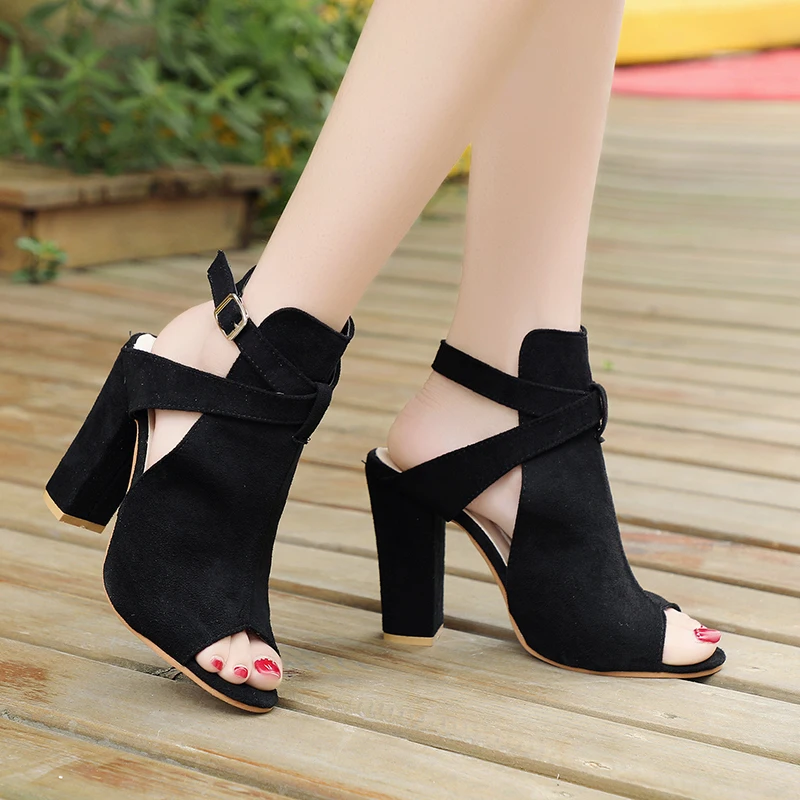 

Lucyever Women Gladiator Sandals Summer Rome Faux Suede Peep Toe Shoes Female High Heel Buckle Strap Sandals Plus Size 35-43