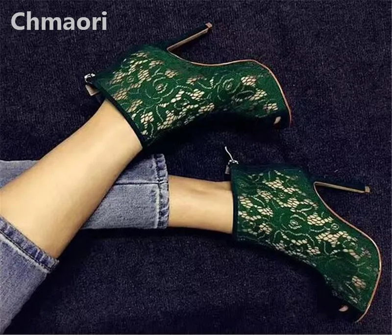 

2018 spring and summer pointed toe zipped Lace hard fabric thin heel high heel ankle women short boots