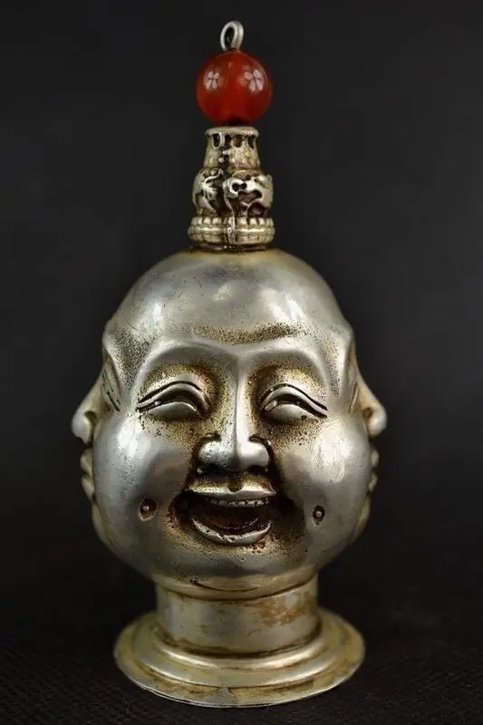 

old Vintage CHINESE OLD WHITE COPPER HANDWORK CARVING 4 FACE BUDDHA SNUFF BOTTLE Statue wholesale factory Bronze Arts outlets (0