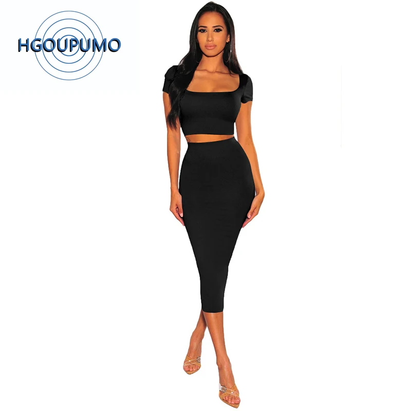 

Sexy Two Piece Club Outfit Women Clothes Square Collar Short Sleeve Crop Top And Bandage Mid-Calf Skirt High Waist Matching Set