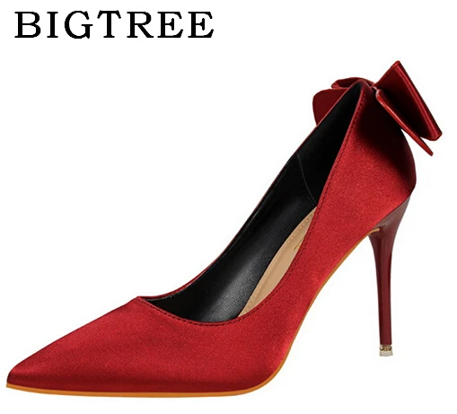 

BIGTREE Butterfly-knot High-heeled 10cm Pumps Shoes for Office Lady,Spring New Fashion Shallow Mouth Thin Heels Ladies Shoes