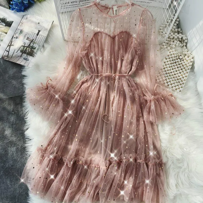 

Sweet Stitching Stars Sequins Mesh Dress Long Lantern Sleeved Fairy Multilayers Beading Perspective Lace Princess Gauze Dress
