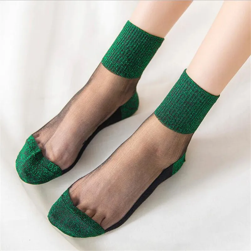 Летние модные женские ультратонкие прозрачные носки, блестящие Прозрачные шелковые носки, красивые кружевные блестящие эластичные короткие носки Meias