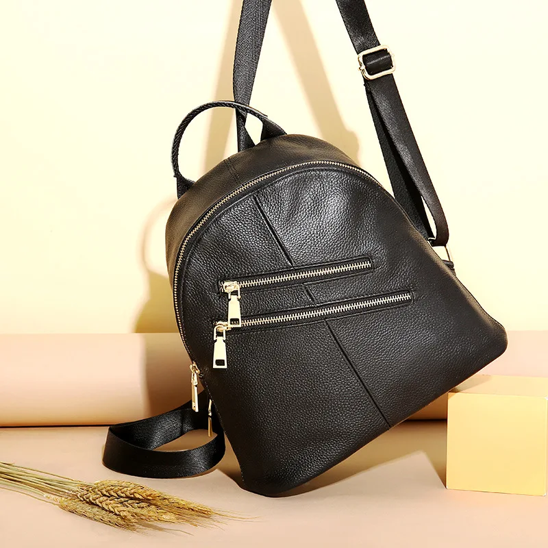 

Fashion Double Zippers Brand Design Genuine Leather Women Backpack Small Soft Cow Leather Student's School Bag Casual Travel Bag