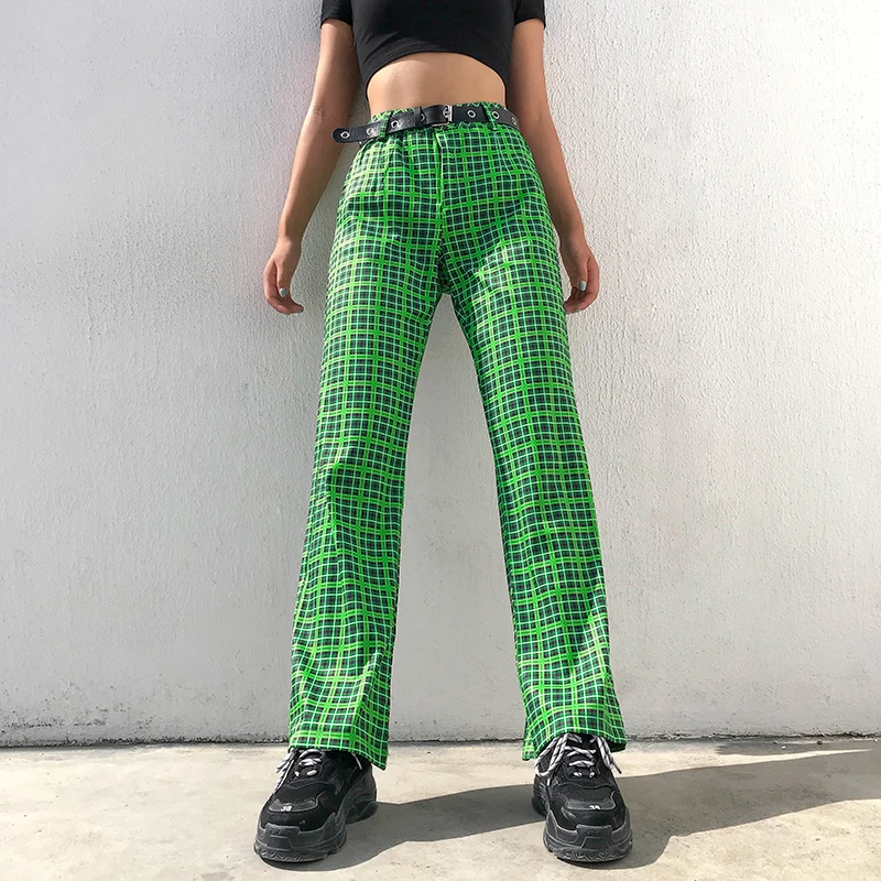 Darlingaga Модные Зеленые клетчатые брюки Харадзюку женские прямые брюки с высокой талией клетчатые брюки осенние мешковатые Панталоны