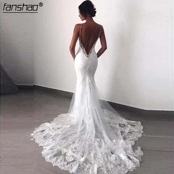 

Sexy Backless Lace beach Wedding Dresses 2019 Spaghetti Straps Mermaid Lace Appliqued Boho Bridal Gowns robe de mariee