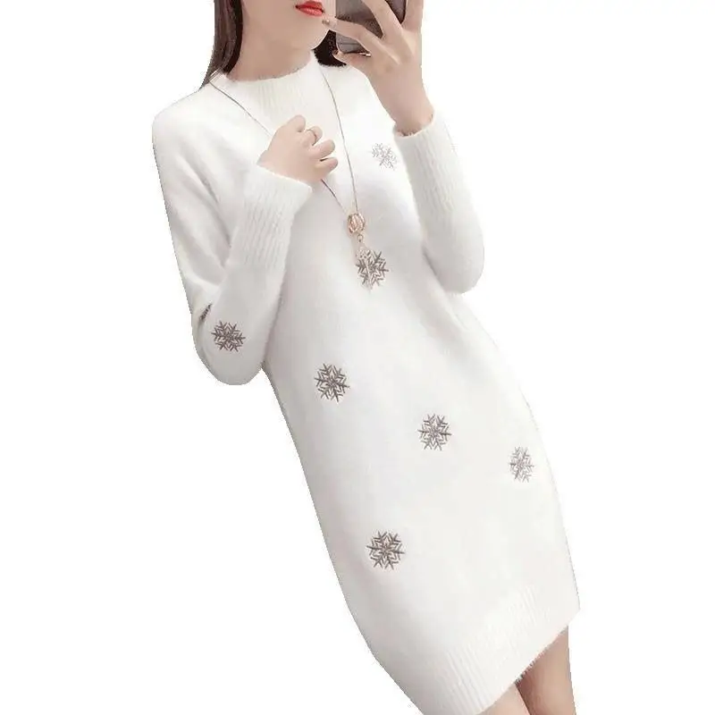 

2019 Autumn Winter Women Fake Mink Embroidery Warm Soft Pullovers Sweater Dress Female Slim Mohair Jumper Tops Pull Femme K104