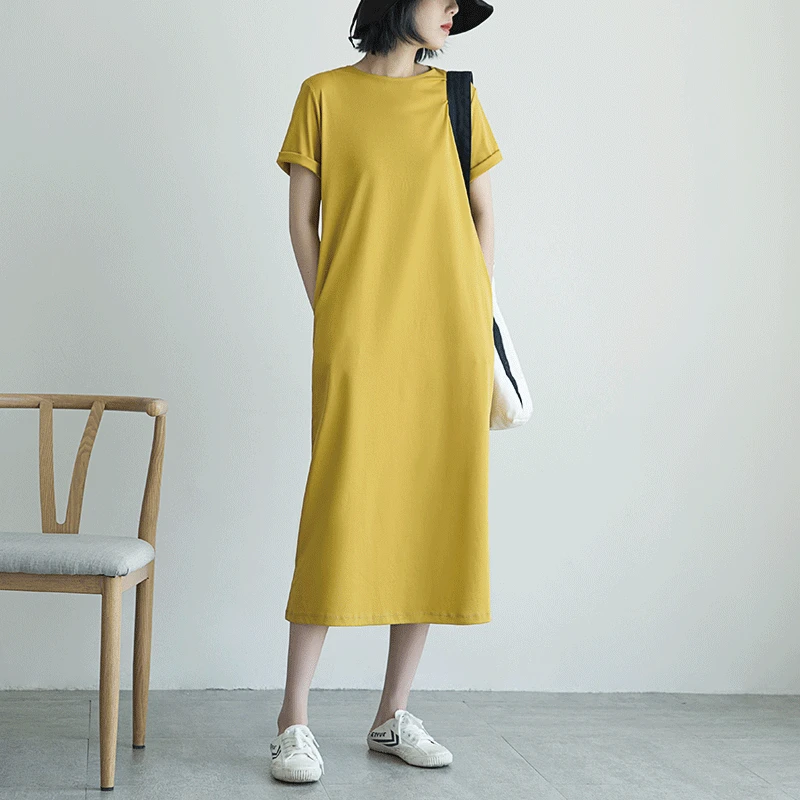 Johnature Simple Solid Color Straight T