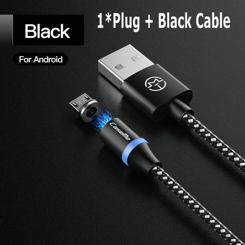 CaseMe светодиодный кабель с магнитной адсорбцией для кабеля типа C Micro USB для быстрой зарядки 3 в 1 нейлоновый провод съемный магнитный кабель для телефона - Цвет: For Android -Black