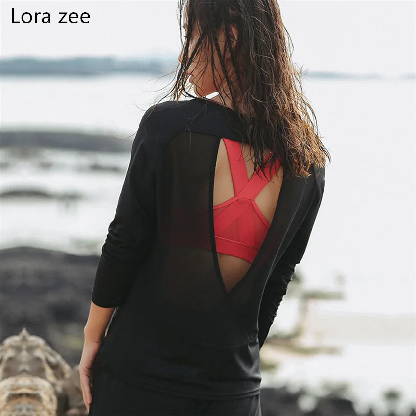 LORA ZEE  Backless Long Sleeve T Shirt Women Loose Fit Cute White Yoga Top Black Fitness Sport Shirt Romantic Gym Top
