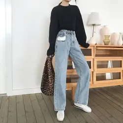 Женские Ретро однотонные джинсовые брюки с высокой талией 2019 летние свободные джинсы с карманами широкие брюки повседневные джинсы