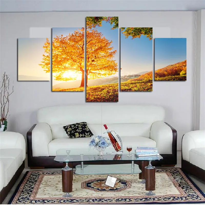

5 Pcs Gold Montreal Tree Scenery Canvas Painting Pictures Wall Art Home Decor For Living Room In High Quality