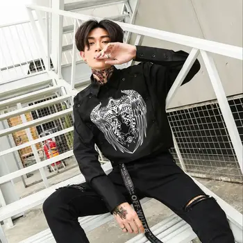 

New Male Punk Hip Hop Long Sleeve Black Dress Shirts Nighclub Stage Show Costumes Men Fashion Printing Causal Shirt