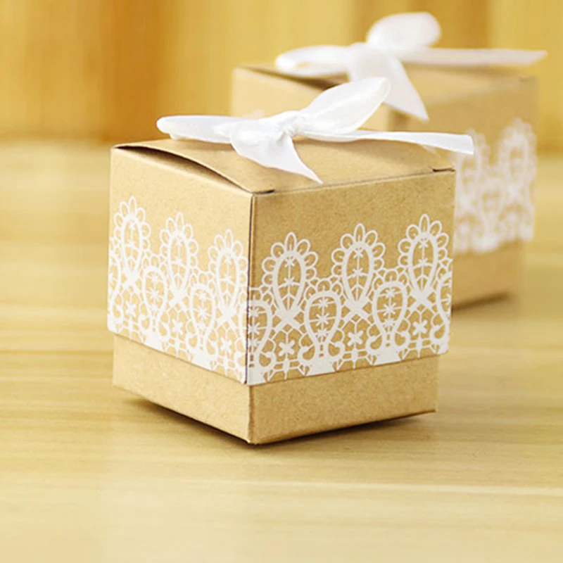 50Pcs/lot Vintage Kraft Paper Gift Boxes With Ribbon White Lace Candy