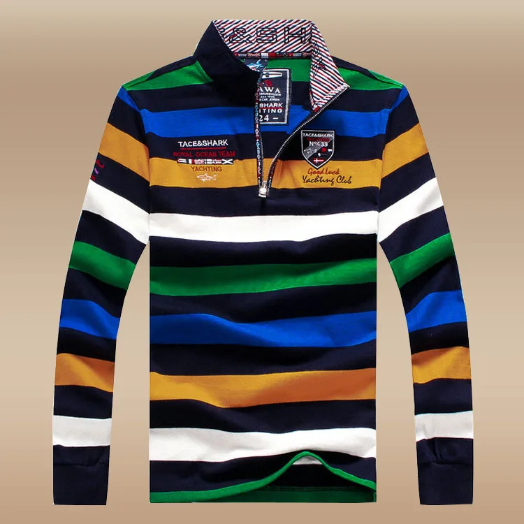 Brand Men Straight Colorful Striped Polo Shirt Shark High Quality Cotton 2016 Autumn Mens Long 