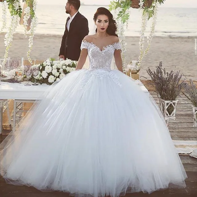 

Vestidos de novia 2019 Elegant V-Neck Ball Gown Lace Wedding dress Plus Size Off Shoulder White/Ivory Bridal Gown Robe de mariee