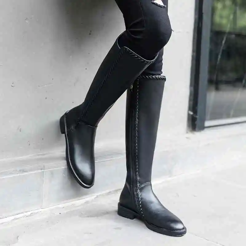 black cow leather Эластичные высокие сапоги из натуральной кожи; женские сапоги-гладиаторы на среднем каблуке; сохраняющие тепло Сапоги выше колена в консервативном стиле; L16 - Цвет: black cow leather