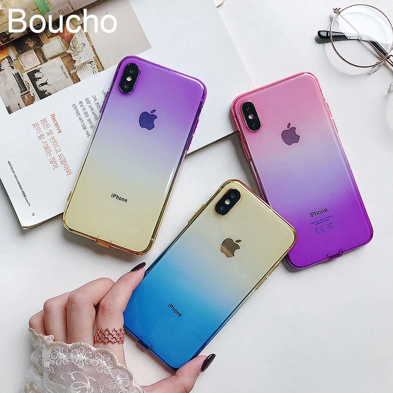 Boucho For iPhone XS MAX XR 7 8 Candy Colors Two-tone Gradient Phone Case X 6 6s Plus Soft Silicone Cover Cases |