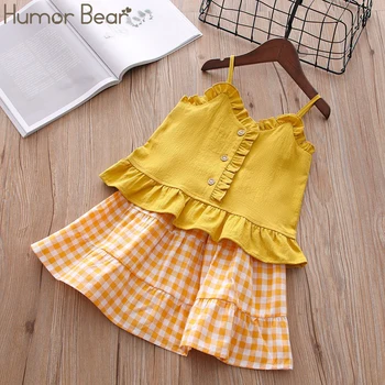 

Humor Bear 2019 Summer Girls' Suit A Row Of Buttons Ruffled Edge Sling Vest Tops+Plaid Skirt 2Pcs Cute Children's Clothing