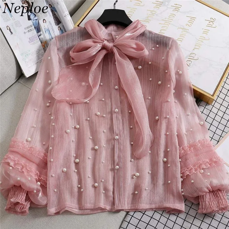 

Neploe Beading Chiffon Blouse Stand Neck Bow Tie Shirt Women 2019 Lantern Sleeve Blusas Tops New Bright Silk Blouses 37958