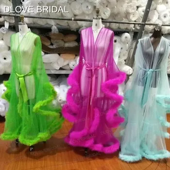 

Illusion Bridal Boudoir Robe Fuchsia Green Feather Sexy Sheer Tulle Long Birthday Costume Dressing Gown Factory Custom Made