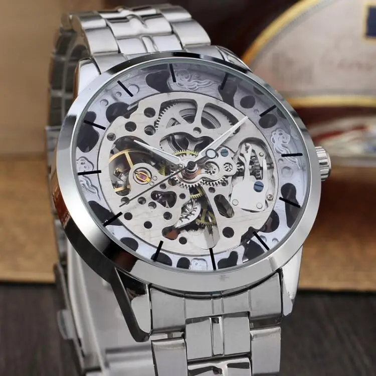 WINNER Men Fashion Skeleton Mechanical font b Watch b font Stainess Steel Clock Transparent font b