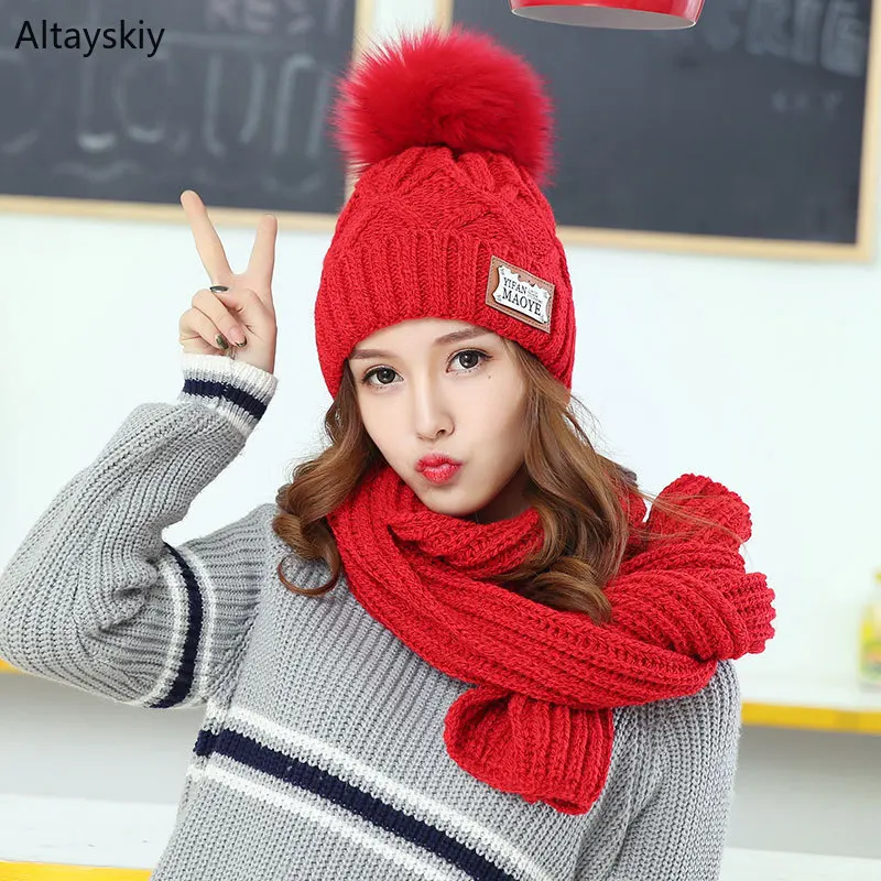 

Scarf Hat Sets Women Winter Warm Thicker Knitted Solid Neck Protection Scarfs Hairball Womens Hats All-match Simple Chic Trendy