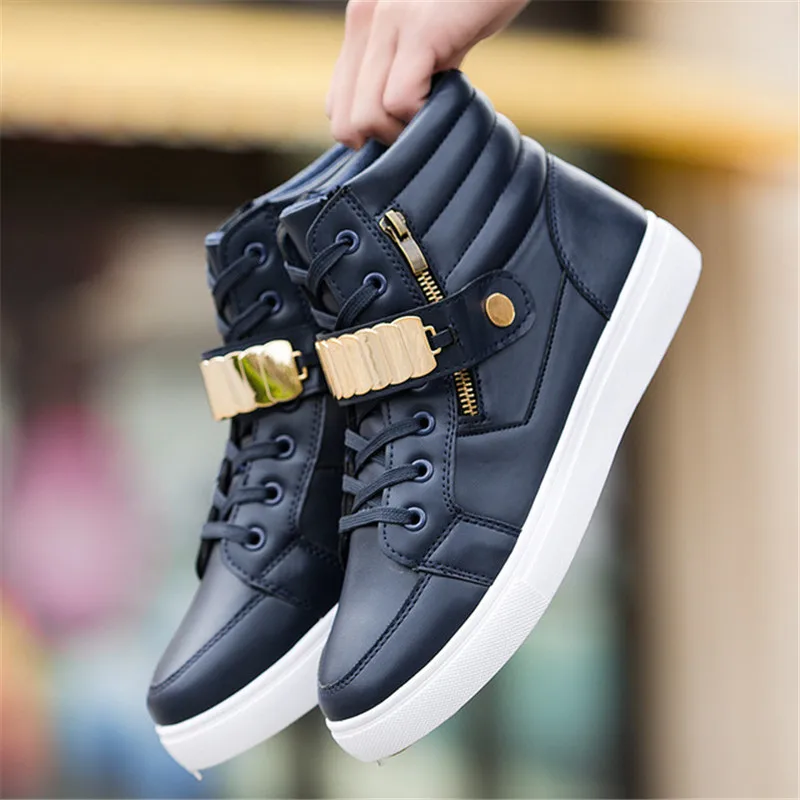 

Trend 2018 Men's Vulcanized Shoes Black High Top Lace-up Autumn Winter Pu Canvas Shoes For Men Boys Sneakers Without Lace new