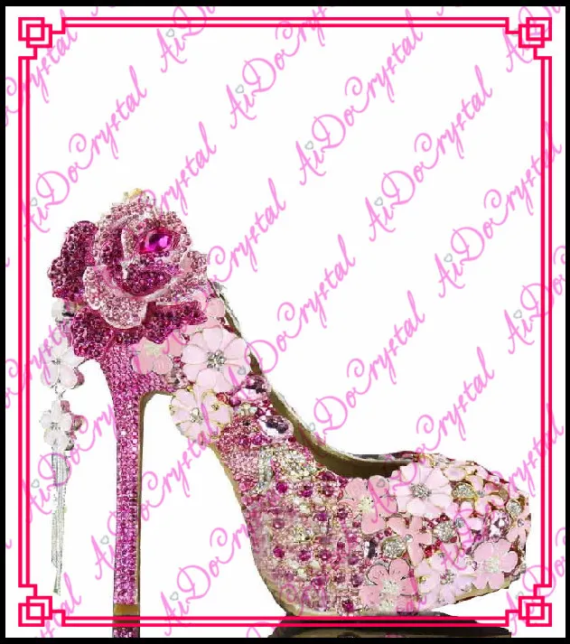 Aidocrystal 2015 luxury rhinestone flower handmade pink wedding high heel dress shoes-in Women's 