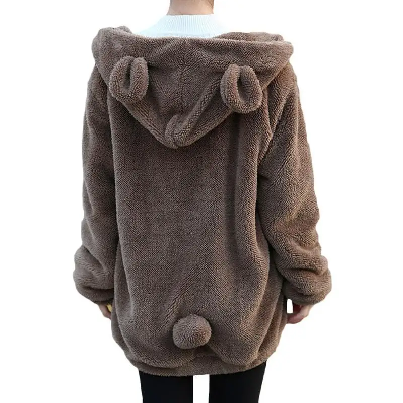 Women Winter Loose Bear Ear Hoodie Hooded Jacket Lady Warm Casual Outerwear Coat