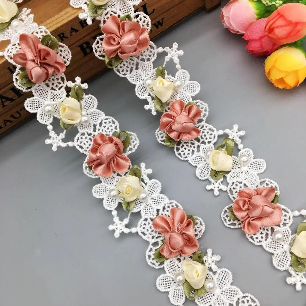 Elegant Rose Pearl Beaded Lace Trim Ribbon