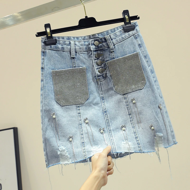 

2019 Summer Fashion Women Ladies High Waist Rhinestone Pearls Pockets Denim Skirt , Korean Style Womens A Line Jeans Skirts