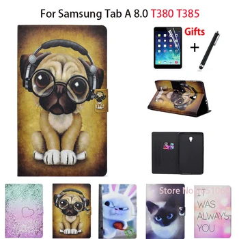 

Fashion Cartoon Flip Case For Samsung Galaxy Tab A 8.0 T380 T385 2017 8.0 inch Smart Cover Case Funda PU Leather Shell +Film+Pen