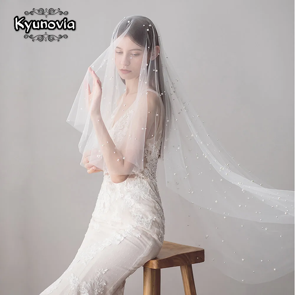 

Kyunovia 150CM long Wedding veil with beading velos de novia Pearls Bridal Veils Single tier For Bride Mariage Women D50