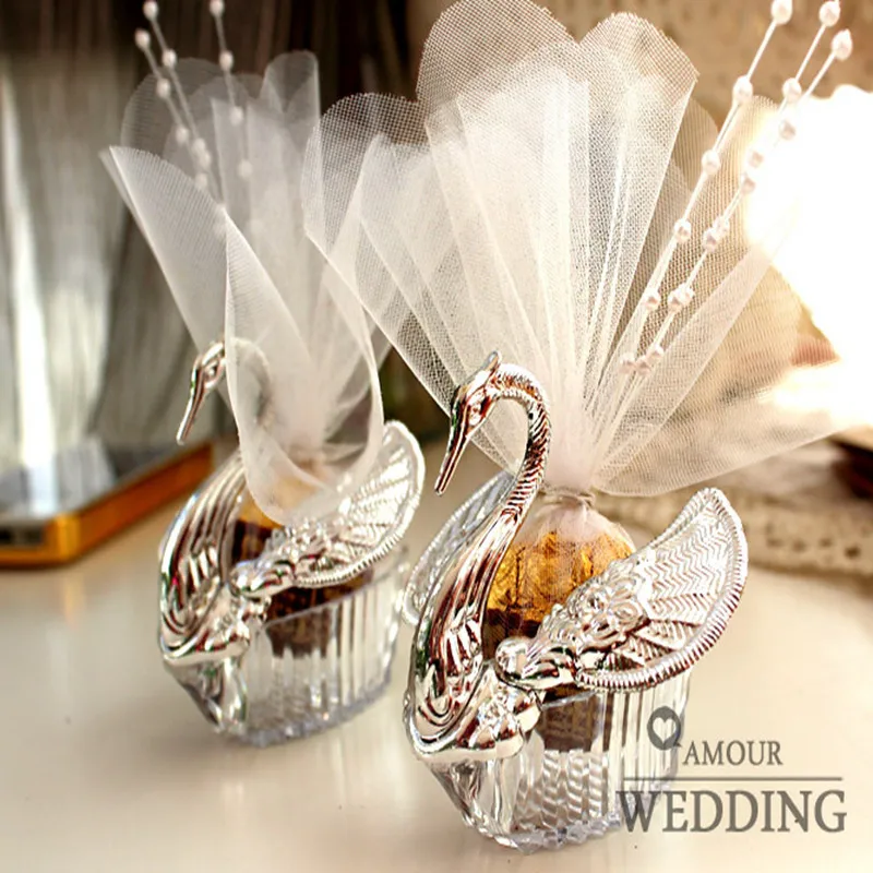 

200pcs European Styles Acrylic Silver Swan Sweet Wedding Gift Jewely Candy Box Candy Gift Boxes Wedding Favors Holders