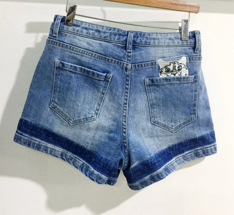 2018 летние Джинсовые шорты кошка вышитые Высокая талия Live ноги стирка синие шорты Свободные повседневные джинсы шорты для Для женщин