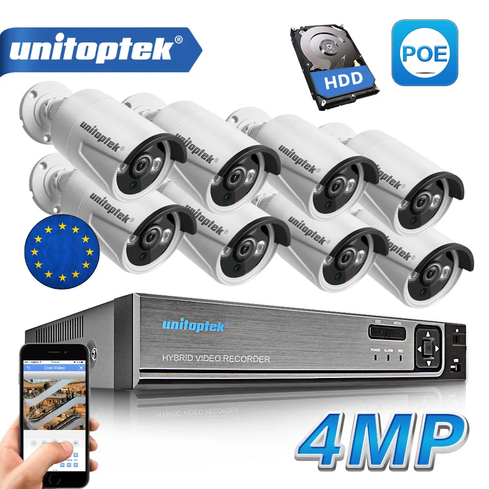 8Pcs 4.0MP HD IP Camera Outdoor Waterproof 8CH H.265 POE Security Camera NVR CCTV System P2P Day/Night View Surveillance Kit
