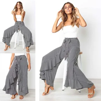 

Striped Printed Bow Tie Ladies Casual Loose Pants Women High Waist Ruffle Wide Leg Long Pants Trousers