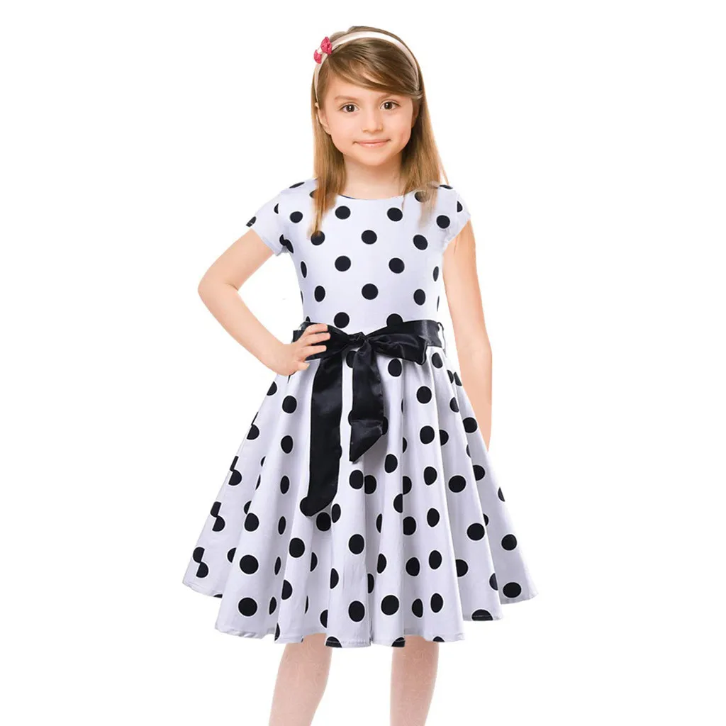 Girls Kids Princess Short Sleeve Party Polka Dots Vintage Swing A-Line Dress