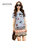 Save 1.2 on Summer Dresses For Women Casual O Neck Straight Jeans Dress Cartoon Design Denim Pattern Short Sleeve Shirt Dresses Femme WICCON