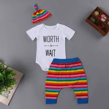 

3 Pcs Rainbow Baby Girl&Boy Clothes Long Sleeve Letter Print Cotton Romper +Pants+Hat Outfits Casual Newborn Clothes Set 0-24M