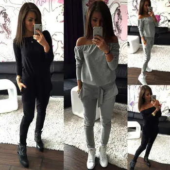 

New Women 2pcs Evening Overall Clubwear Clothing Set Autumn Ladies Casual Solid Long Sleeve Off Shoulder Sports Outfits Suit