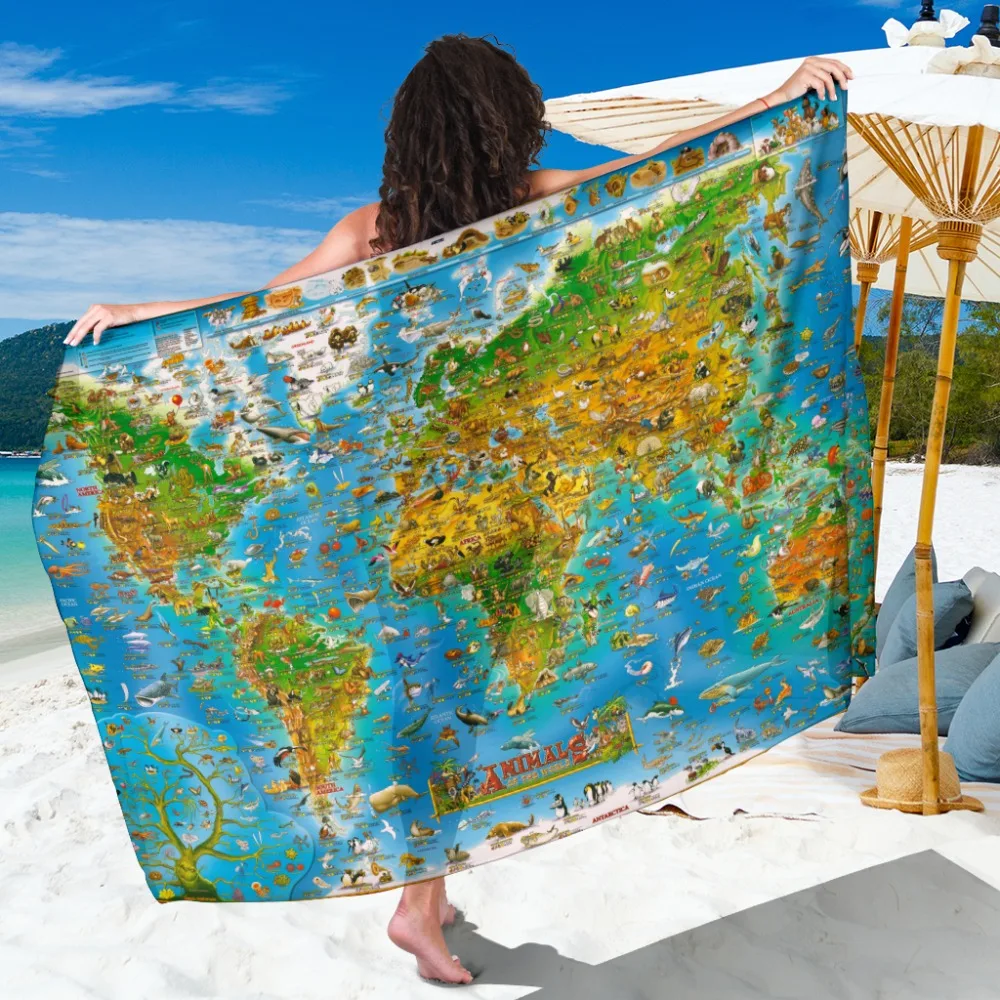 

Cartoon Animal World Map Beach Towel Plus Size Sarong Large Chiffon Beach Sarong Beachwear Bikini Cover-ups 100D Chiffon Scarf