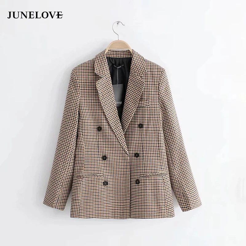 

JuneLove Women Spring Long Sleeve Plaid Blazers Vintage Double Breasted Female Blazers Casual Retro Office Lady Blazers Outwears