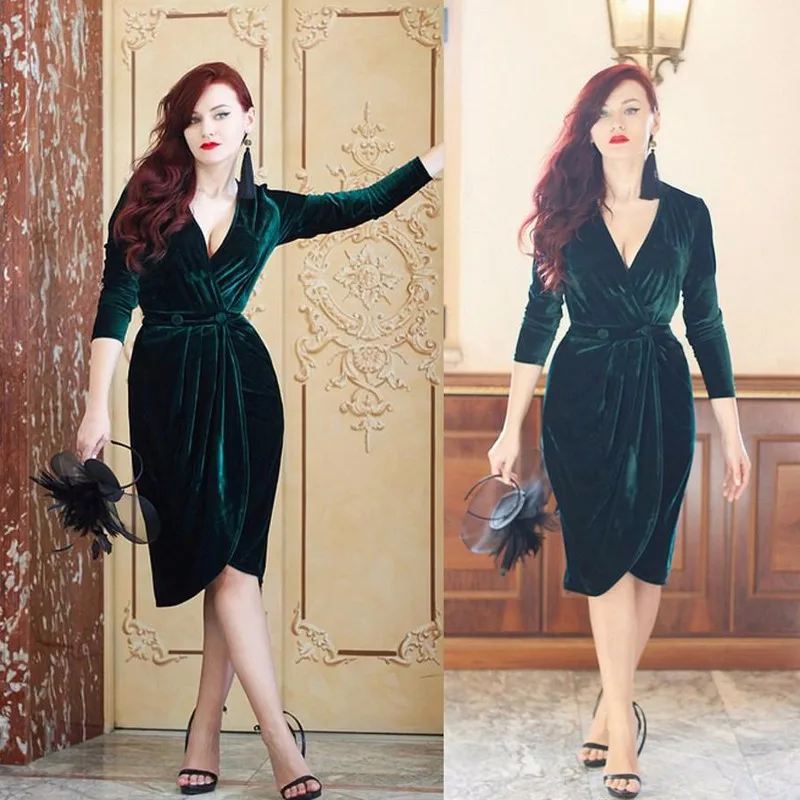 green velvet v neck dress
