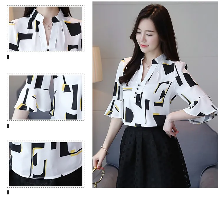 New Style Women Blouses Geometric Pattern Chiffon Blouses Shirts Female Short Sleeve Plus Size Tops Lady 2018 Print Blusa Feminina (2)