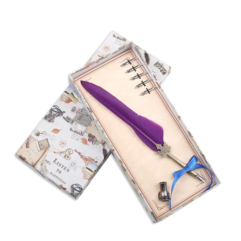 1set European Style Retro Feather Pen Set Exquisite Gift Box 12 Colors Dip Water Pen Christmas Birthday Gift Office Writing Tool