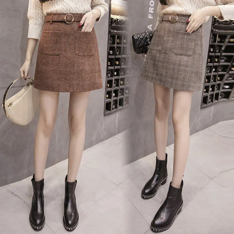 Women High Waist Skirt Slim Female Mini Skirt Wool Plaid Skirt Pocket Skirt