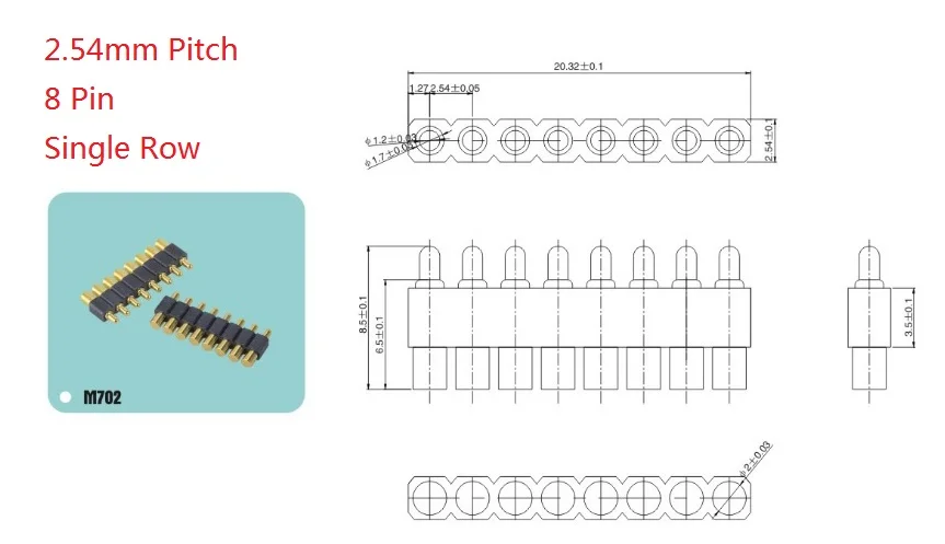 50pcs Spring loaded pogo pin connector 8 Pin Pitch 2.54mm Surface Mount PCB SMT brass material Gold 1u rating 1.0 Amp current |