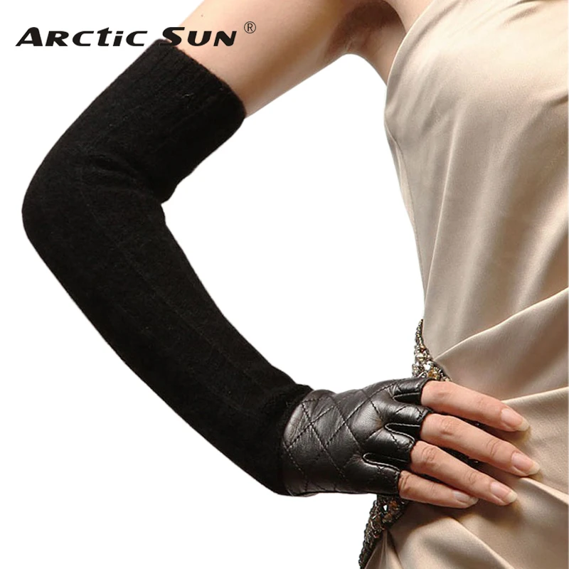 Акция, женские длинные перчатки без пальцев из овчины в стиле панк, модные однотонные женские перчатки из натуральной кожи, зимняя рукавица, шерстяные перчатки L111NQ